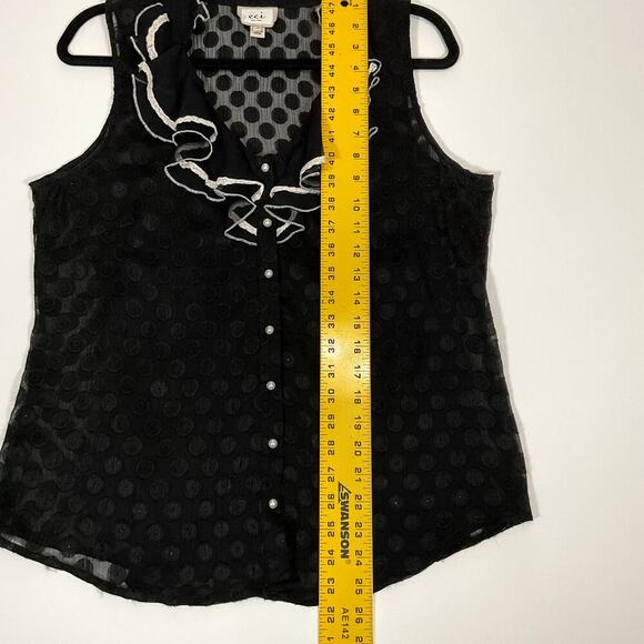 ECI New York Black Whimsygoth Polka Dot Ruffled‎ Sleeveless Top Pearl Buttons 12 - Picture 6 of 7